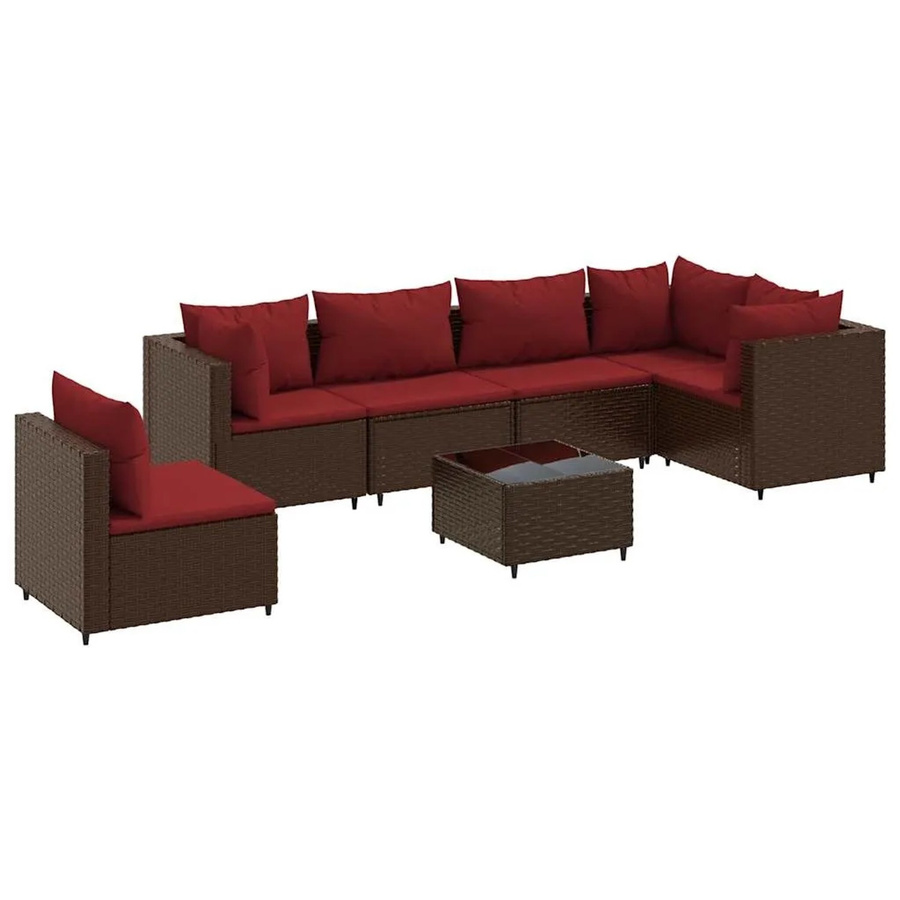 vidaXL 7-teiliges Garten-Lounge-Set in L-Form mit Kissen, Braun und Rot, Poly-Rattan mit Metallgestell für Garten und Terrasse - Bild 2