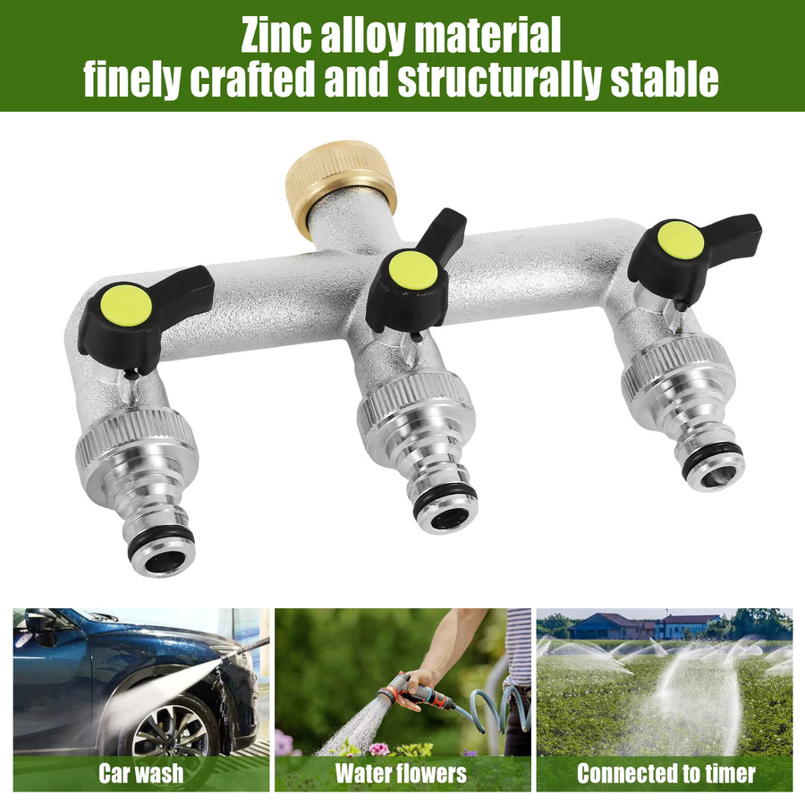 3-Wege-Schlauchverteiler aus Zinklegierung in Silber mit 3/4 Zoll Gartenarmatur und individueller Durchflusssteuerung - Bild 2