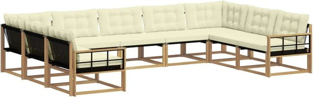 vidaXL Outdoor-Sofagarnitur in U-Form aus massivem Akazienholz mit Textilene und Kissen, 9-teilig, Weiß und Creme-weiß - Bild 1