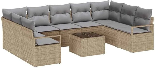vidaXL Garten-Sofa-Set aus Polyrattan in Beige mit Polsterung und Tisch, 10-teiliges L-Shape Lounge-Set mit Ecksofas, Mittelsitzen und Armlehnsesseln - Bild 1