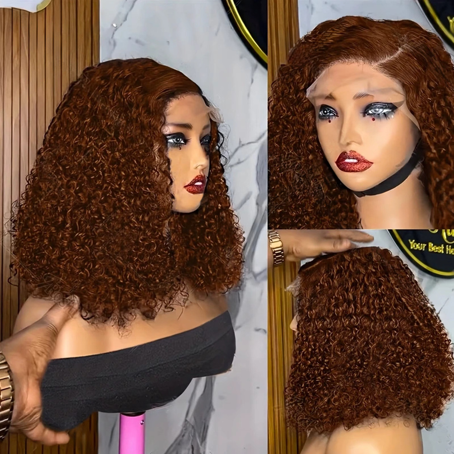 Doralia Bob-Perücke, kurze Wellen, braun, 16 Zoll, HD transparente Spitze, Echthaar - Bild 4