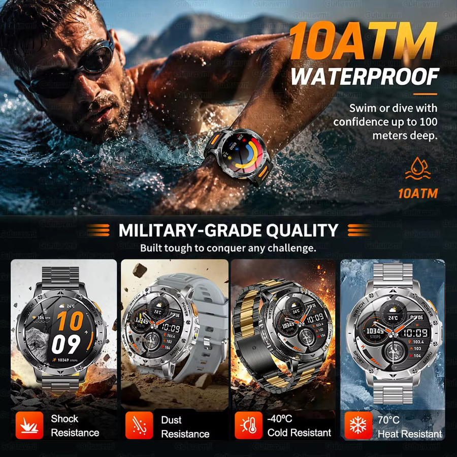 GUHUAVMI Taktische Sport-Smartwatch mit 1,7 Zoll Display, 1400mAh Akku, Herzfrequenzmessung, Taschenlampe und 5ATM Wasserdichtigkeit, Schwarz-Orange - Bild 4