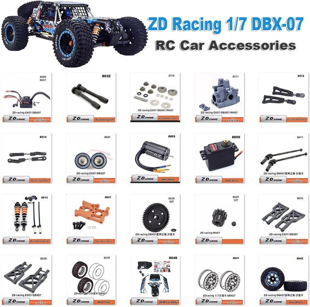 ZD Racing DBX07 DBX-07 1/7 RC Auto Ersatzteile, Autokarosserie, ESC, Spurstange, Schwingarm, Stoßdämpfer, Motor, Lenkgetriebe, Reifen, Antriebswelle - Bild 1