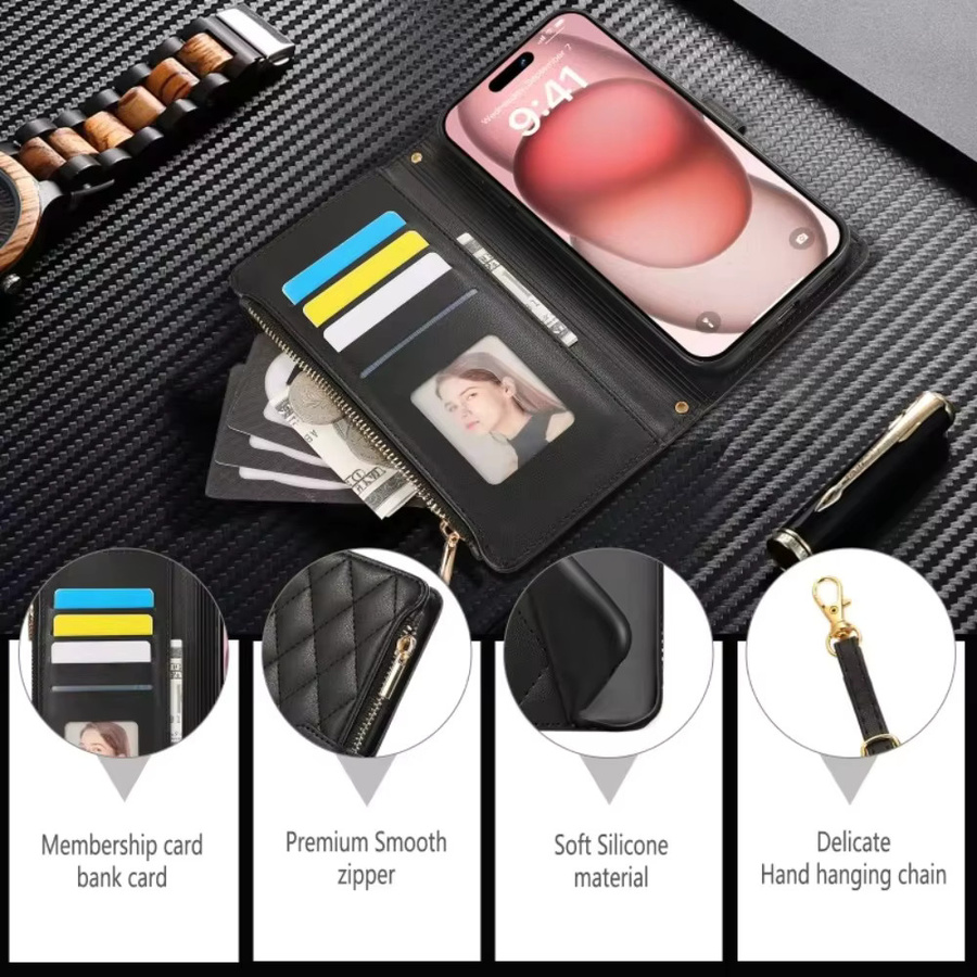 SZMUGUA Handyhülle aus PU-Leder mit Kartenhalter und Umhängetasche inklusive Handschlaufe für iPhone, verfügbar in Schwarz und Lila - Bild 4