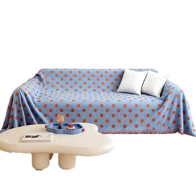 VIKAMA Chenille Sofadecke in Blau und Orange mit gepunktetem Design für dein Wohnzimmer - Bild 2