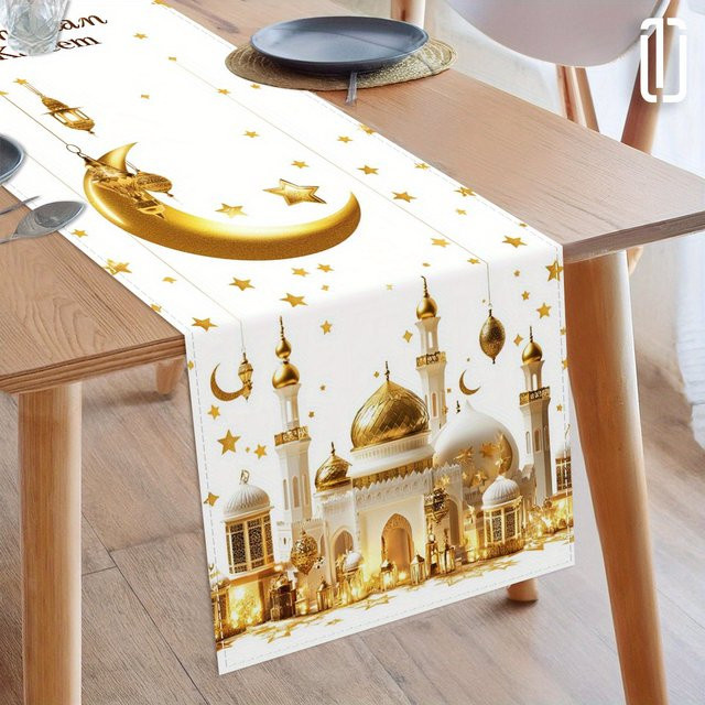 VIKAMA Tischläufer mit Mond- und Laternen-Design für Eid Al-Adha und Eid Al-Fitr Dekorationen, B/H: 90 x 33 cm - Bild 1