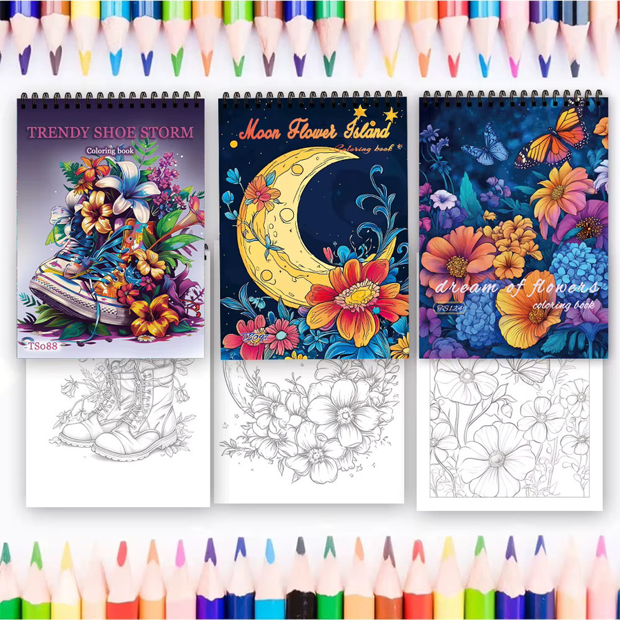 3-teiliges Malbuch-Set für Erwachsene mit Fantasy-Sternen, Mond und Blumenmustern, 30 Seiten, spiralförmig gebunden, mehrfarbig - Bild 4