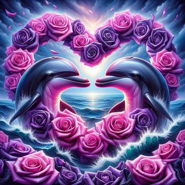 EverShine 5D-Diamantgemälde Delfin mit Rose und Herz als DIY-Mosaik-Stickerei in Multicolour für Erwachsene - Bild 1