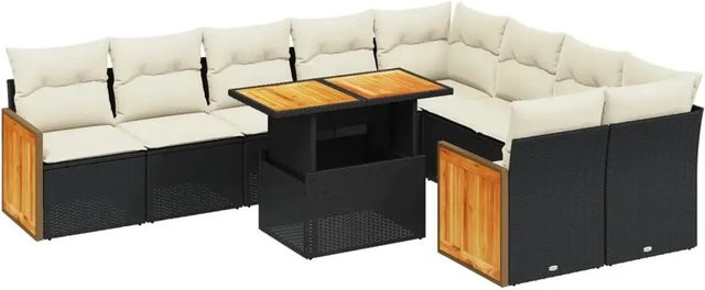 vidaXL 10-tlg. Garten-Sofagarnitur in U-Form aus Poly-Rattan und Akazienholz mit Kissen, Schwarz - Bild 1