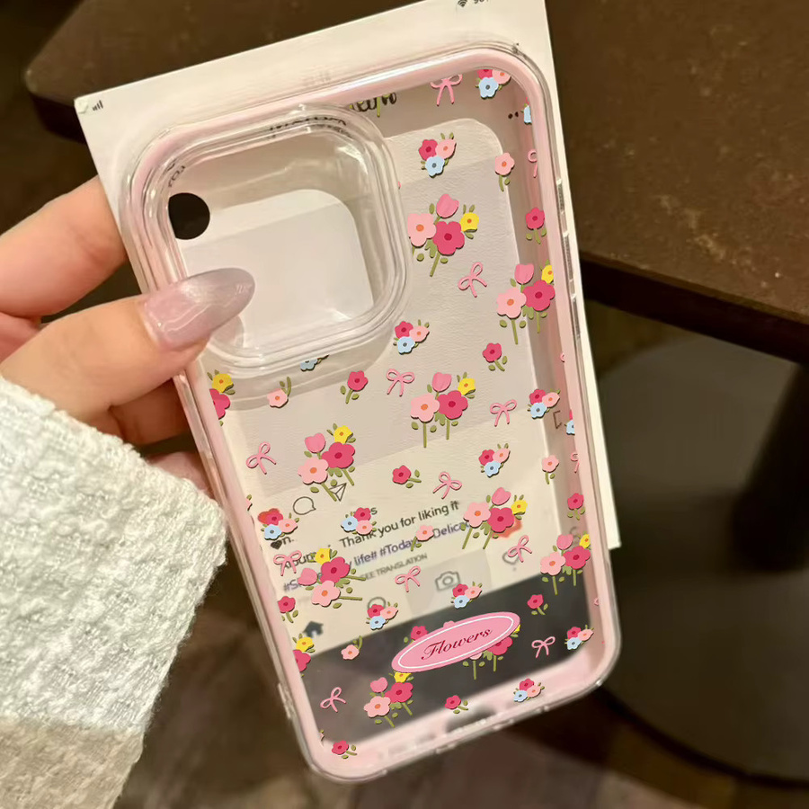 Koreanische Blumen-Handyhülle für Apple iPhone 11 12 13 14 15 16 17 Pro Max Air, transparente weiche Rückseite in Pink und Multicolour - Bild 2