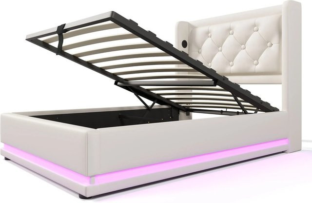 Merax Polsterbett mit LED-Unterbettbeleuchtung und USB-C Ladestation, Weiß, B: 90 cm, T: 200 cm - Bild 1