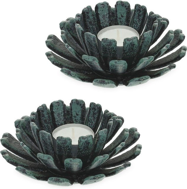 Relaxdays Teelichthalter 2er Set aus Metall in floraler Blumenform, Grün, H x B: 6 x 13,5 cm - Bild 1