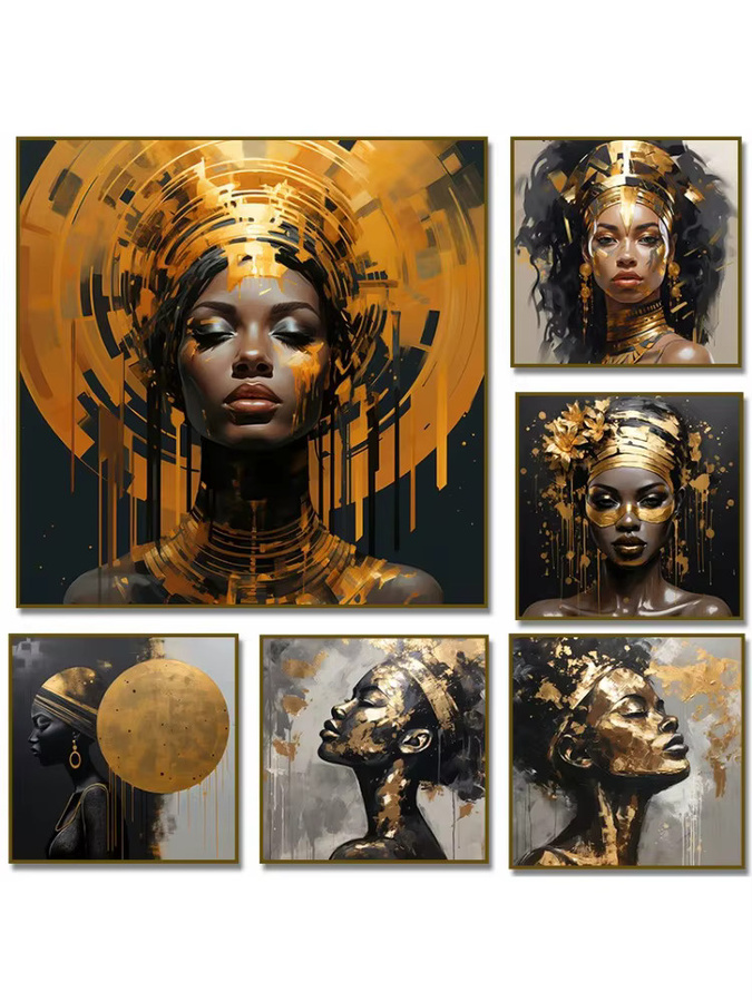 Potdemiel Moderne Leinwanddrucke Afrikanische Schönheit Gold und Schwarz Abstrakte Wandkunst Portrait Poster - Bild 3