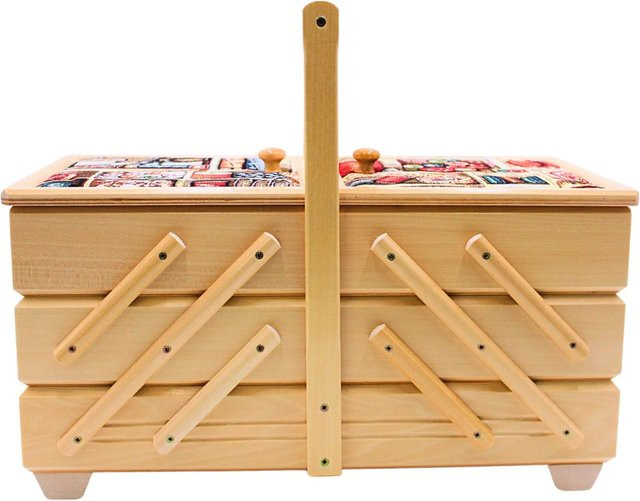 Dekohelden24 Nähkästchen aus Furnierholz mit 7 Fächern und Stoffbezug Nadelmotiv in Natur, B/T/H: 42 x 20 x 21 cm - Bild 1