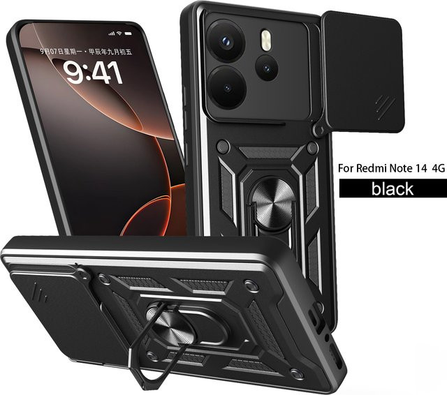 Xiaomi Redmi Note 14 4G 5G Panzer-Handyhülle mit magnetischem Ringhalter und Schiebe-Kameraschutz in Schwarz oder Blau - Bild 1