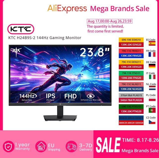 KTC H24B9S-2 Gaming-Monitor mit 144Hz, 23,8 Zoll FHD IPS-Display, 113% sRGB, Schwarz - Bild 1