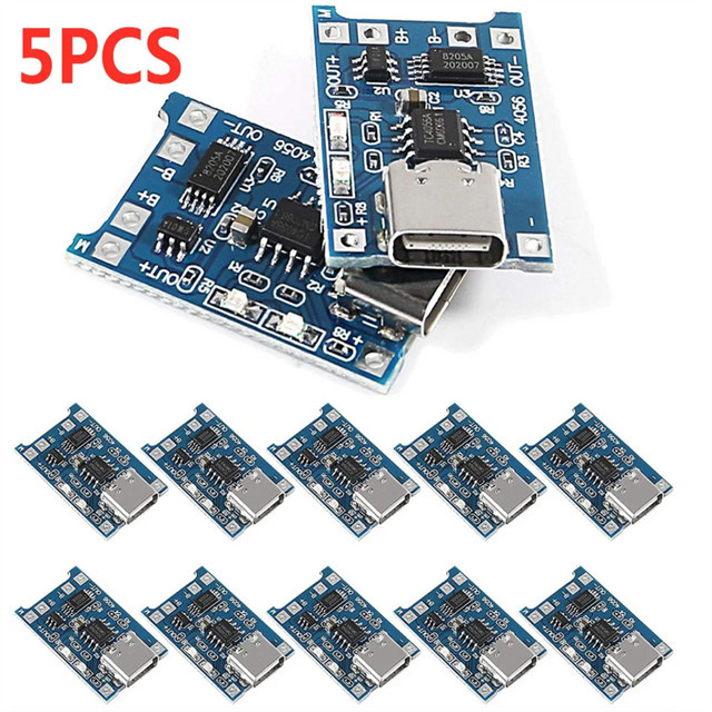 AOKIN Lithium-Akku-Lademodul TP4056 mit Schutzfunktion für 18650 Li-Ion Akkus, 5V 1A, Micro-USB und USB-C, Blau - Bild 1