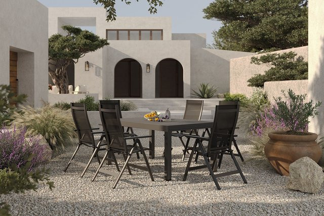 OUTFLEXX Premium Garten-Essgruppe aus Aluminium, Spraystone und Textilene in Anthrazit Matt/Schwarz mit ausziehbarem Tisch und 6 Klappstühlen, Tisch B/T/H: 160 x 100 x 75 cm (ausziehbar auf 260 cm) - Bild 1