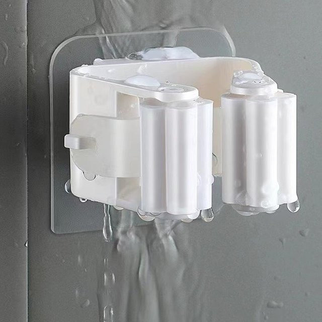 JR-Studio Wandmontierter Mopp- und Besenhalter aus Kunststoff, Selbstklebend, Weiß, 4 Stück - Bild 1