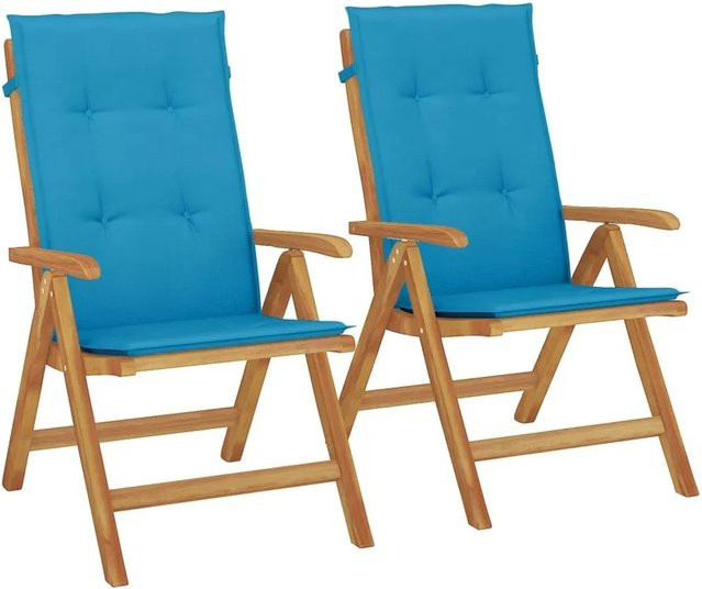 vidaXL Gartenstühle aus Teakholz mit blauen Kissen, 2er Set - Bild 1