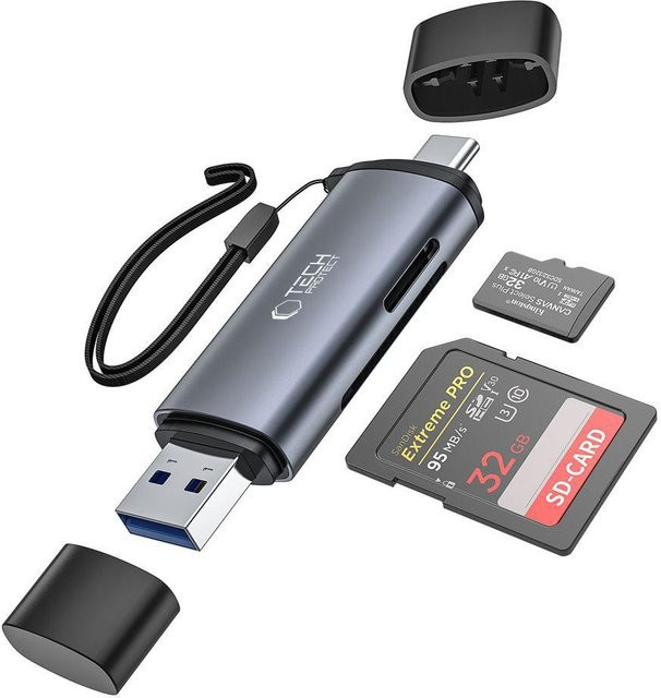 Tech-Protect SD und micro SD Speicherkartenleser mit USB-C und USB-A Anschlüssen in Grau - Bild 1