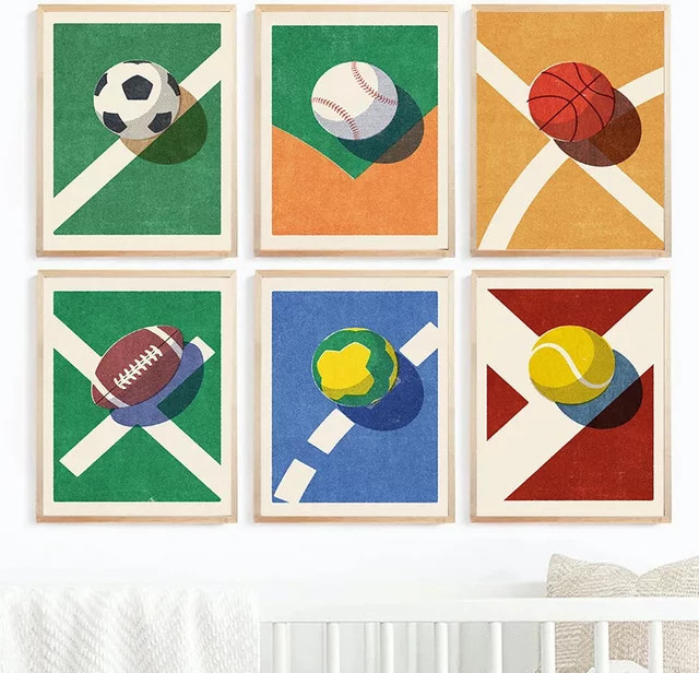 Potdemiel Vintage Sport Wandkunst Leinwand mit Volleyball, Basketball, Fußball und Billard für dein Kinderzimmer oder Home Decor in Multicolour - Bild 1