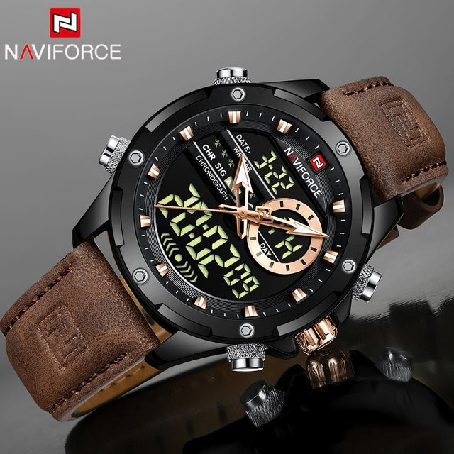 NAVIFORCE Armbanduhr, Digitaluhr, Quarz, Chronograph, Leder, Schwarz, Herren - Bild 1