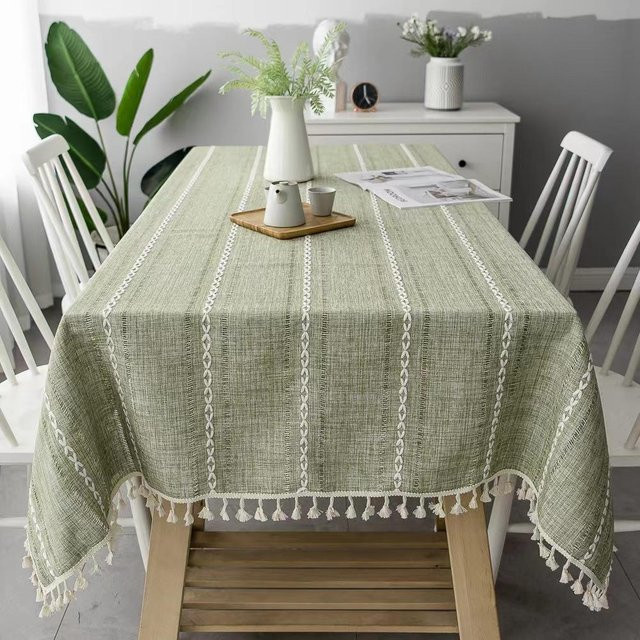 Gestreifte Tischdecke aus Baumwollleinen mit Quasten von YT Daily Necessities in Grün, B x B: 140 x 140 cm - Bild 1