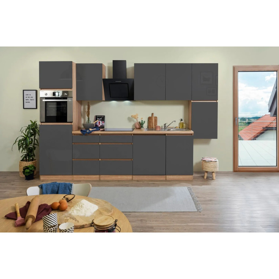 Respekta Küchenzeile modern in Grau Hochglanz und Eiche Sägerau ohne Elektrogeräte Breite: 330 cm, Höhe: 220,5 cm - Bild 2