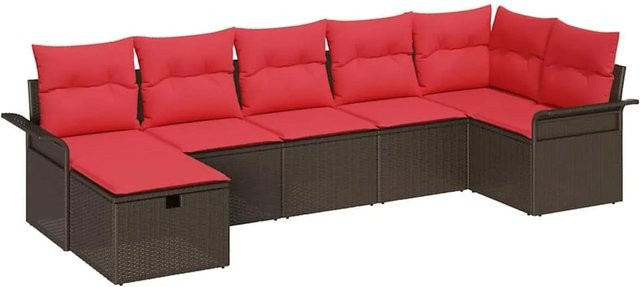 vidaXL Gartensofa-Set aus Poly-Rattan in L-Form mit 7 Kissen, Braun und Rot - Bild 1