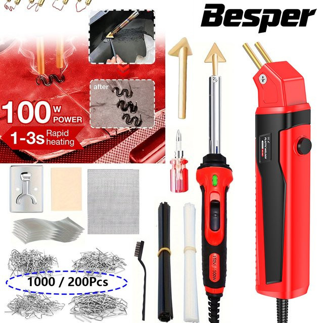 Besper 100W Kunststoffschweißset mit Heißklammern und Hilfsfräser zur Reparatur von Kunststoffrissen, Autostoßstangen und Benzintanks - Bild 1