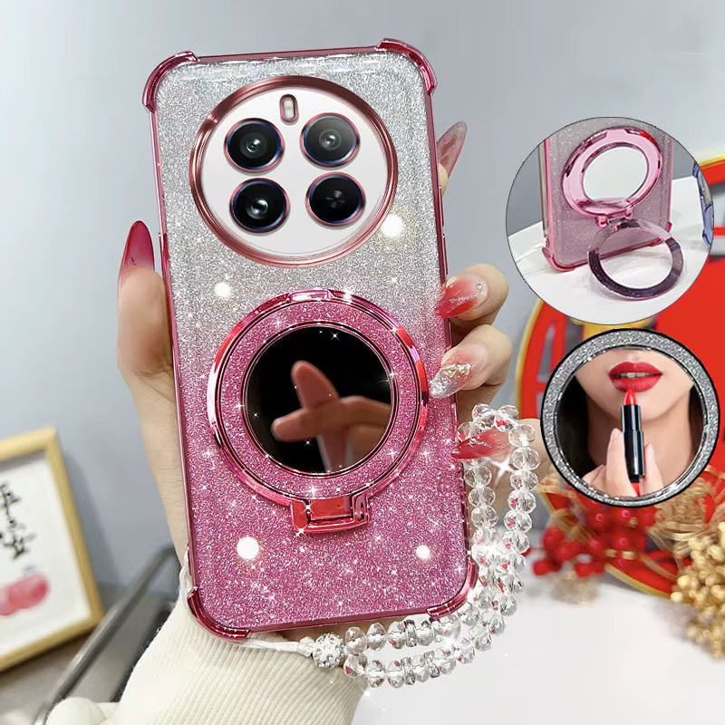 Glitzernde und stoßfeste Handyhülle mit Spiegelständer und Perlenband für Oppo Realme 12 Pro Plus 5G und P1 Pro in Black oder Pink - Bild 1