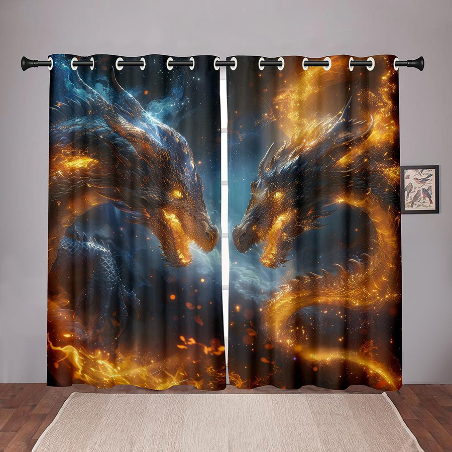 2er-Set 3D-Vorhänge mit Feuerdrachen-Duell und Sternenhimmel im modernen Stil, halbtransparent, Mehrfarbig, Breite: 50 cm, Höhe: 130 cm - Bild 1