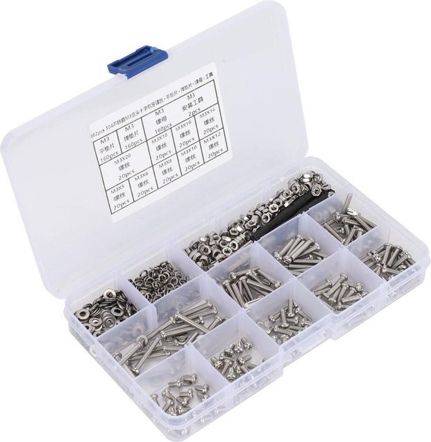 Fishine 662-teiliges DIY Kombinationsset aus Edelstahl mit M3 Linsenkopf Kreuzschlitzschrauben, flachen und elastischen Unterlegscheiben sowie Muttern in Silber - Bild 1