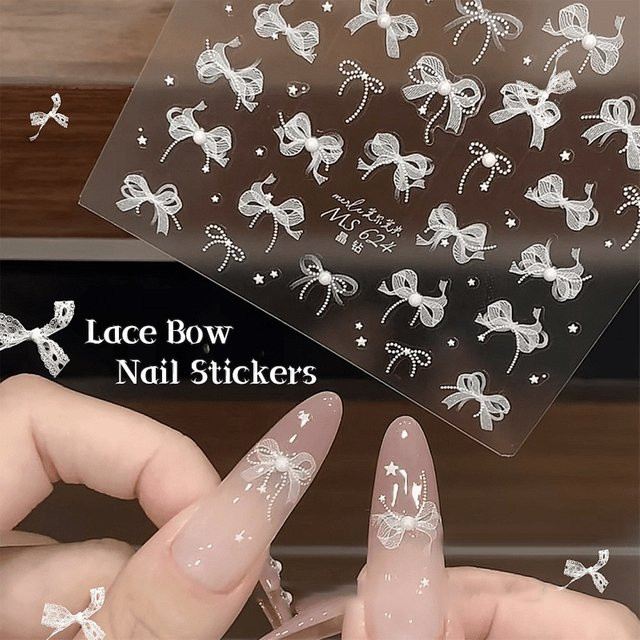 KuZHEN Nagelkunst-Sticker, Weiße Spitzen-Schleifen, Perlen-Strass, Glänzend - Bild 1
