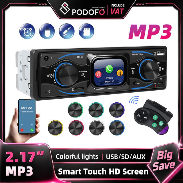 Podofo 1 Din Autoradio mit 2,17 Zoll Touchscreen, Bluetooth, FM-Empfänger, USB, SD, AUX IN und Fernbedienung in Schwarz - Bild 1