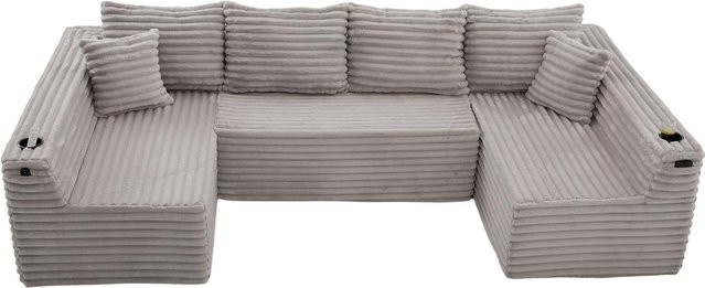 GOMYWAY Home U-förmiges Cord-Sofa in Hellgrau mit integriertem Getränkehalter und Seitentaschen, moderne Polsterung mit Federkern, B: 320 cm, T: 155 cm, H: 88 cm - Bild 1