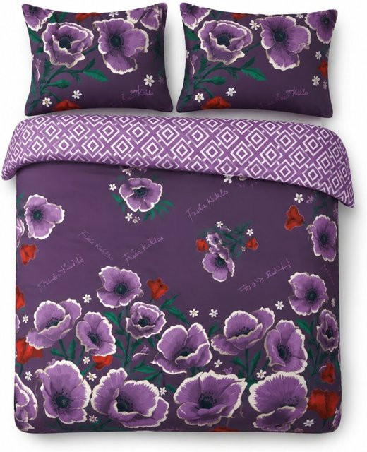 Frida Kahlo Bettwäsche aus Baumwolle mit floralem Design in Lila, Bettbezug und Kissenbezug, B/T/H: 140 x 200 cm - Bild 1