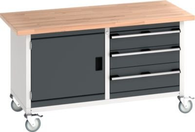 Bott Kastenwerkbank Cubio in Anthrazit und Lichtgrau mit 4 Lenkrollen, 3 Schubladen, 1 Tür und 40 mm Buche-Massiv, B: 150 cm, T: 75 cm, H: 84 cm - Bild 1