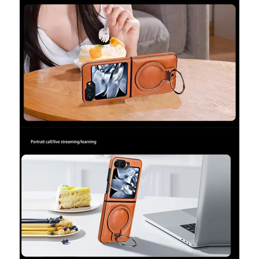 Premium Leder Handyhülle mit magnetischer Falte und Metallringhalterung für Samsung Galaxy Z Flip 7, FE, 6, 5, 4, 3 in Blau - Bild 4