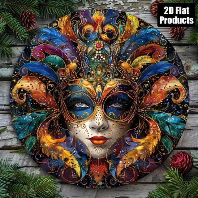 Runde Vintage-Wandkunst aus Aluminium von Potdemiel mit Karneval-Design in Blau, Orange und Lila, Durchmesser: 20,3 cm - Bild 1