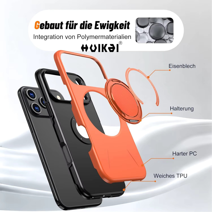 Huikai Magnetische Schutzhülle mit Ringhalter und Ständer für iPhone 17 Pro Max, iPhone 17 Pro und iPhone 16 Pro Max, doppellagig und stoßfest, Schwarz oder Orange - Bild 6