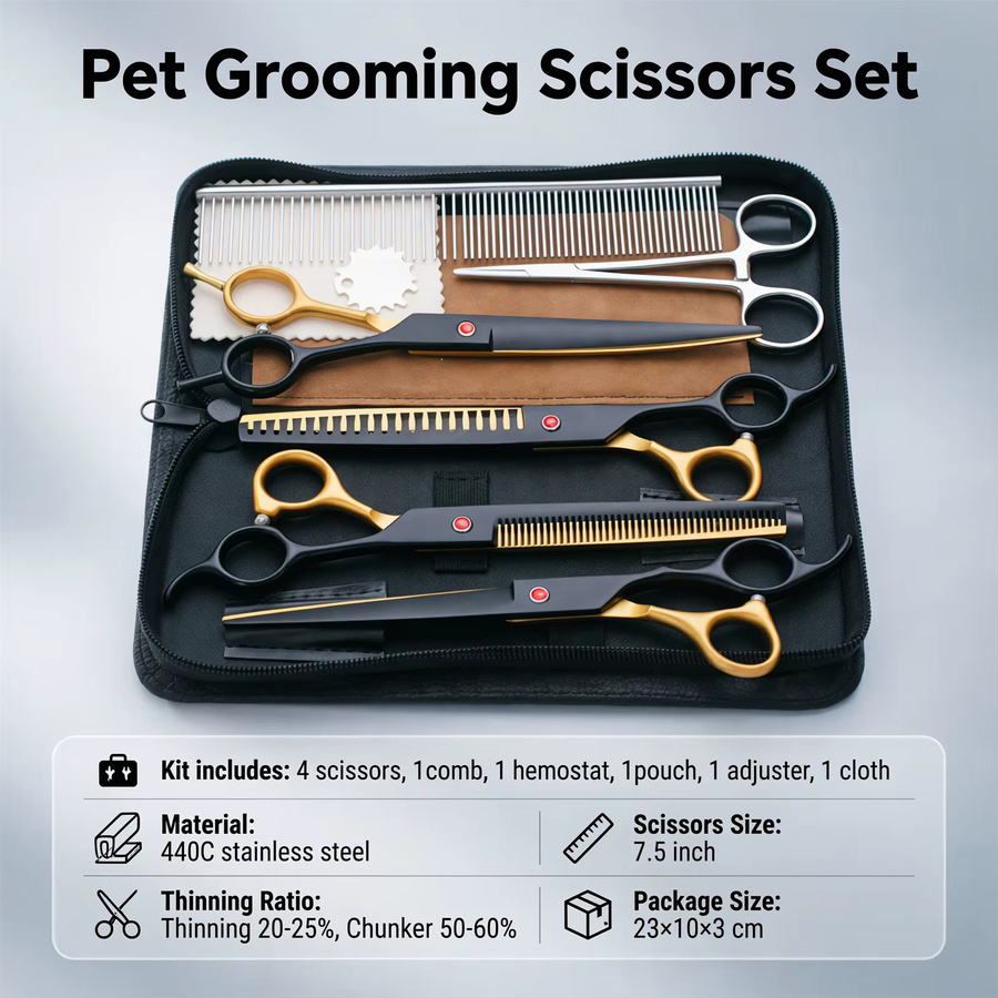 Purple Dragon Tierpflege-Scherenset aus 440C Edelstahl in Schwarz und Gold mit Haarschneide- und Ausdünnungsscheren sowie Kamm für Hunde und Katzen - Bild 2