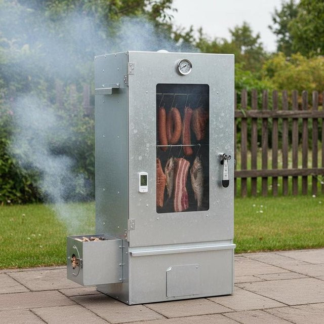 Vertikaler Räucherofen mit Kaltrauchgenerator aus verzinktem Stahl für Fleisch, Fisch, Käse und Wurst, Farbe: Silber/Weiß, B/T/H: 44,5 x 29,0 x 83,0 cm - Bild 1