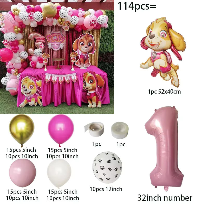 114 Stück PAW Patrol Folienballons Set in Rosa mit Zahlenballons für deine Geburtstagsparty und Babyparty mit Chase und Skye - Bild 2