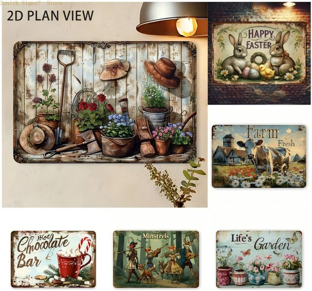 Potdemiel Vintage Blechschild Oster-Design mit floralem Motiv, Mehrfarbig, B/H: 30 x 30 cm - Bild 1