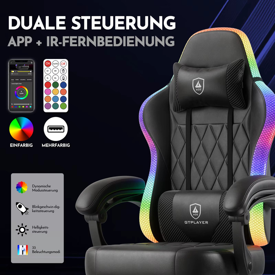 GTPLAYER Gaming Stuhl in Schwarz mit LED-Lichtleiste, ergonomischer Gamer Bürostuhl aus Kunstleder mit Kopfstütze und Aufbewahrungstasche - Bild 3
