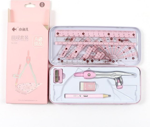 8-teiliges Mathe-Geometrie-Set von TOMTOP JMS in Rosa für Studenten mit Lineal, Winkelmesser, Zirkel, Bleistift und Radiergummi - Bild 1