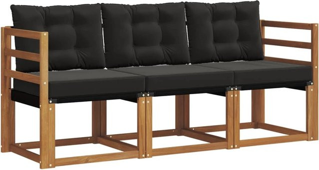 vidaXL Outdoor-Sofagarnitur 3-teilig aus Akazienholz und Textilene in Schwarz und Natur mit Kissen und Armlehnen - Bild 1