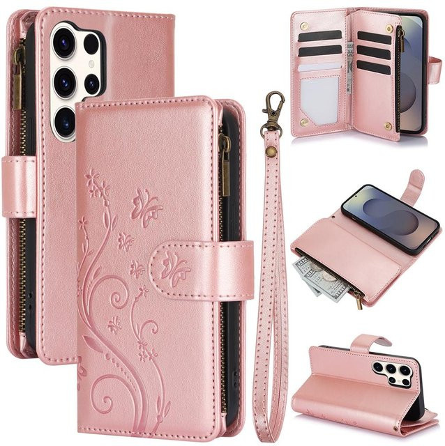 Lederhandyhülle mit Handgelenkschlaufe, Kartenfach und Reißverschluss für Samsung Galaxy S26 S25 Ultra S24 S23 Plus A57 A37 A17 A07 A56 in Pink - Bild 1